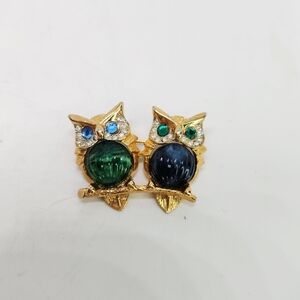 Vintage Kenneth Jay Lane For Craft Jelly Belly Green Blue Owl Pair Brooch Pin